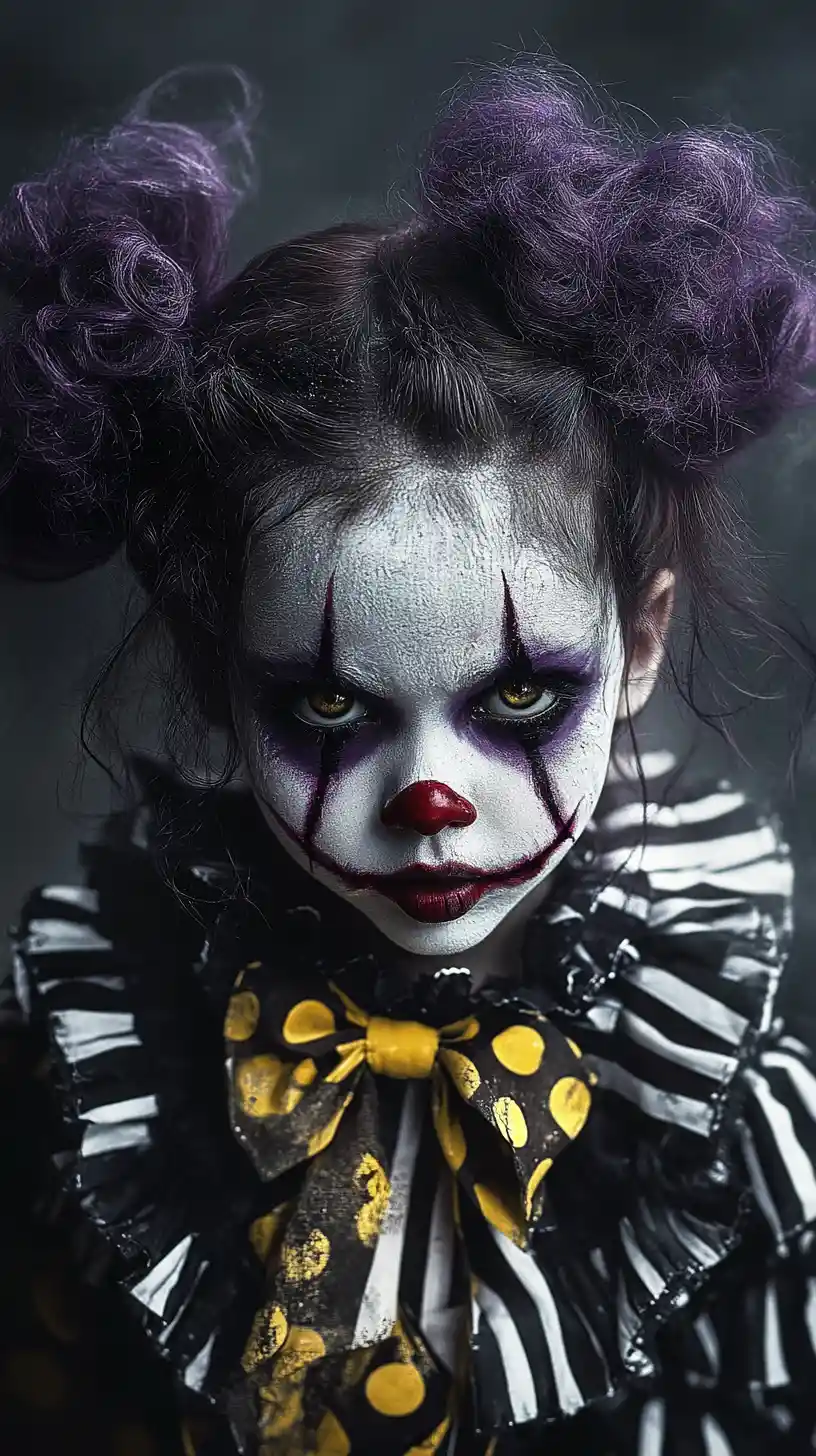 Scary clown girl with dripping makeup and smoke