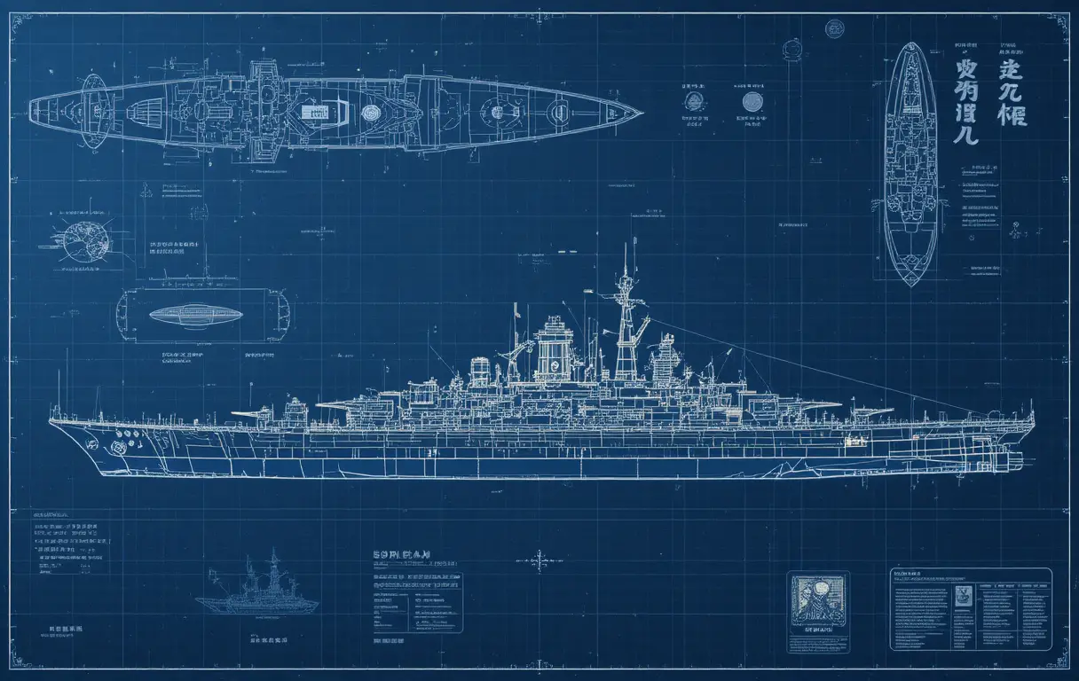Blueprint illustration of the Japanese battleship Yamato in detail