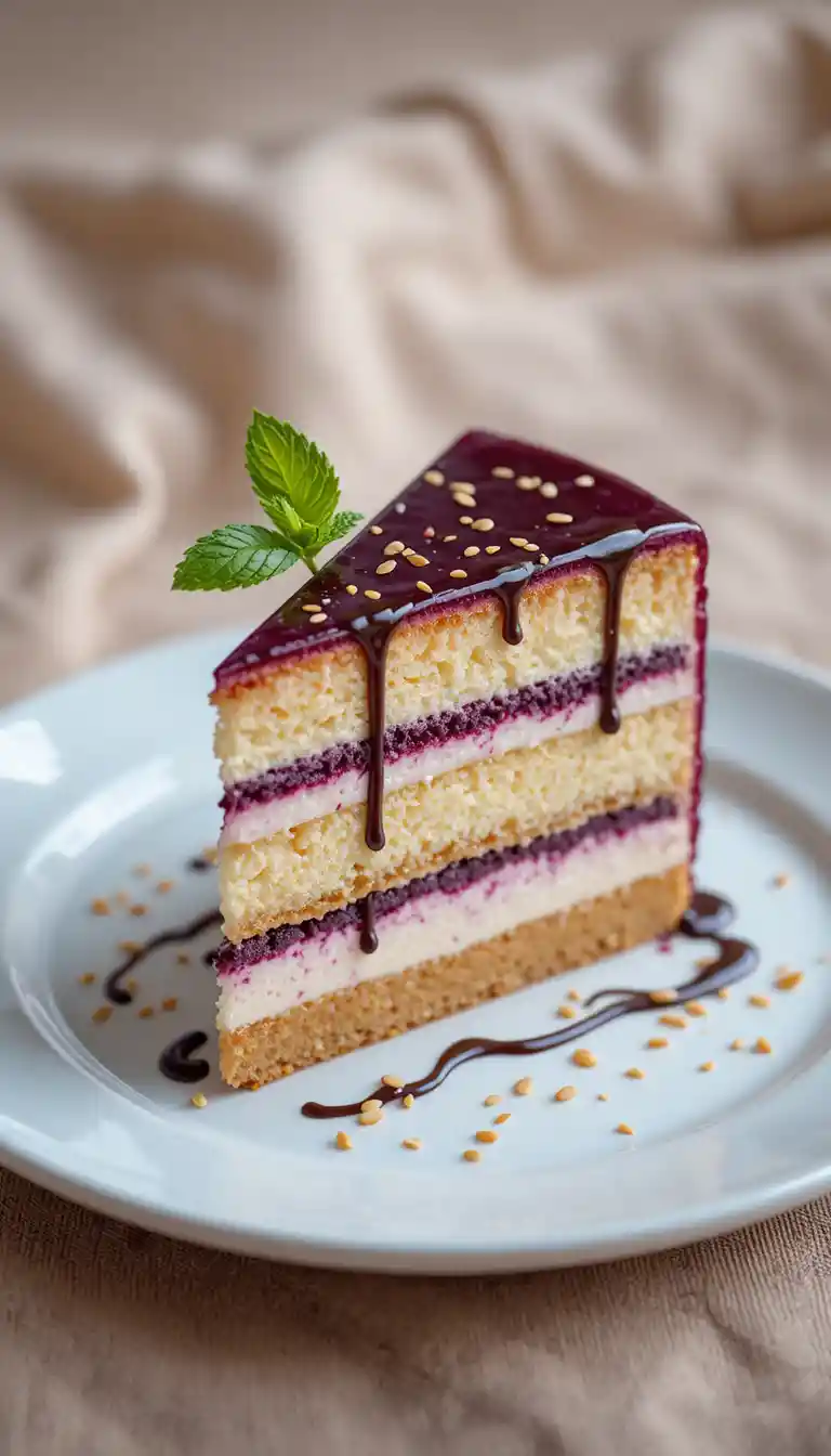 Primer plano de rebanada de pastel por capas con glaseado de frutos rojos en un plato