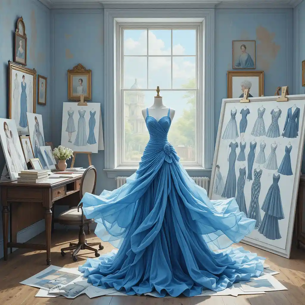 Blaues Kleid auf einer Schneiderpuppe in pastellfarbenem Modeatelier