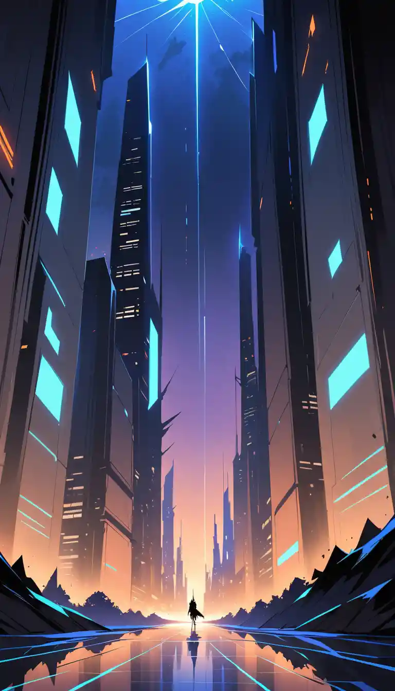 Futuristic city skyscraper with glowing wolf made of light