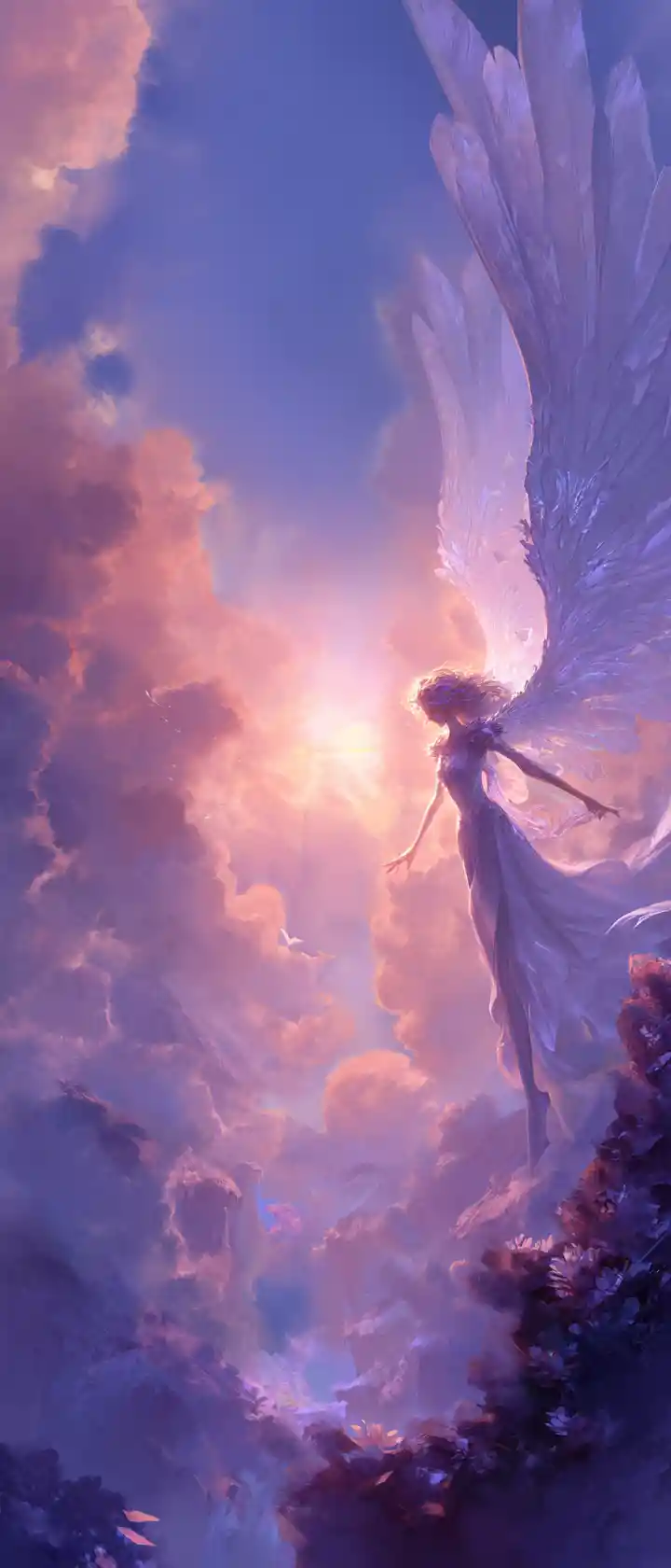 Winged celestial figure over misty valley at sunrise
