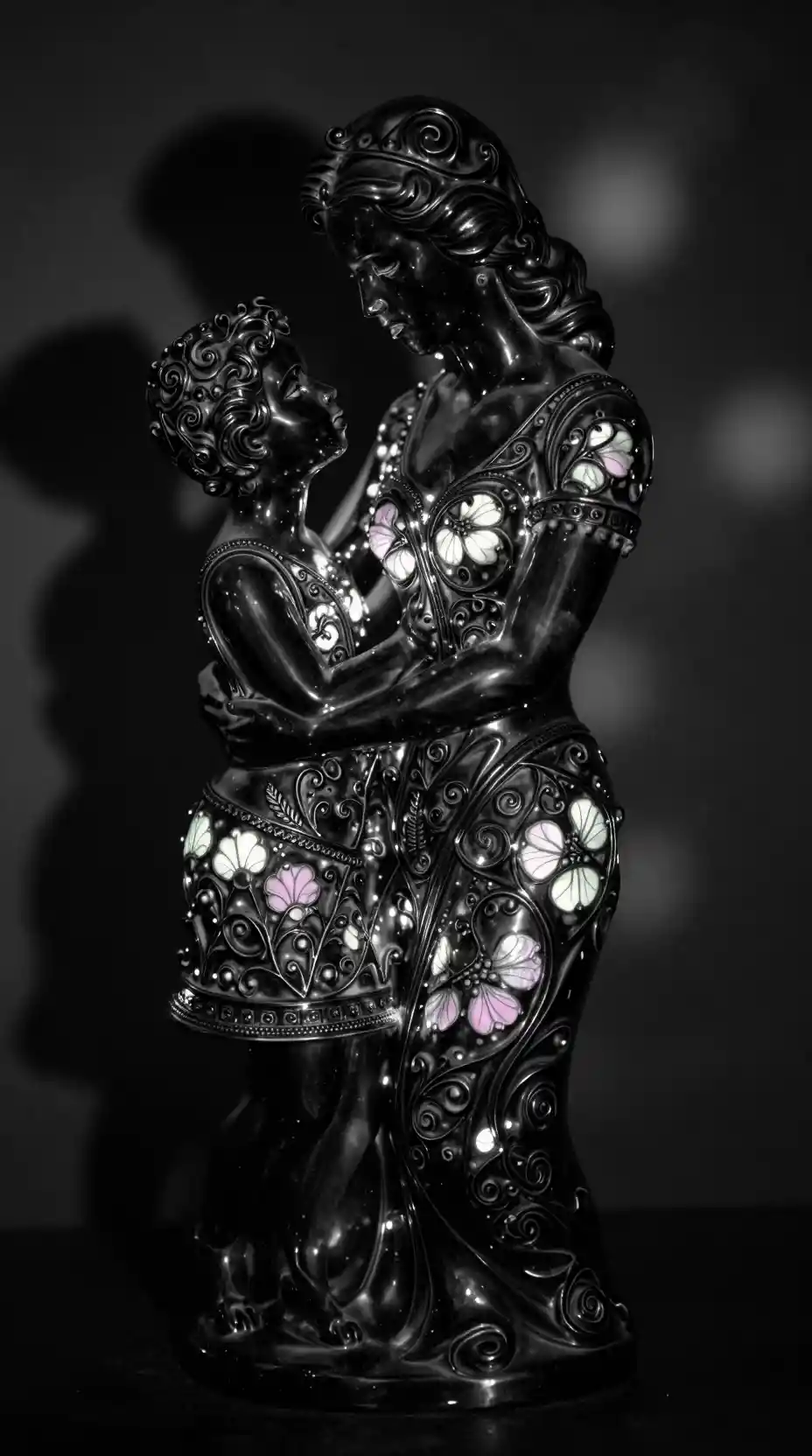 Glowing Mother And Child Porcelain Sculpture In Soft Bokeh