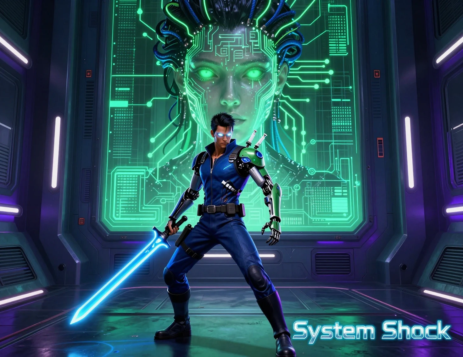 Cyborg-Krieger mit Energieschwert im neonbeleuchteten Sci-Fi-Korridor