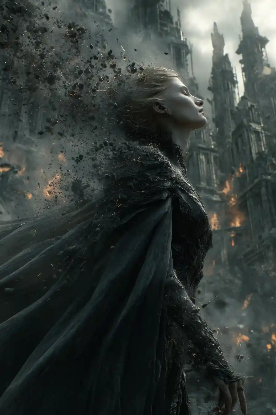 Dark sovereign woman rising from swirling bone ash vortex