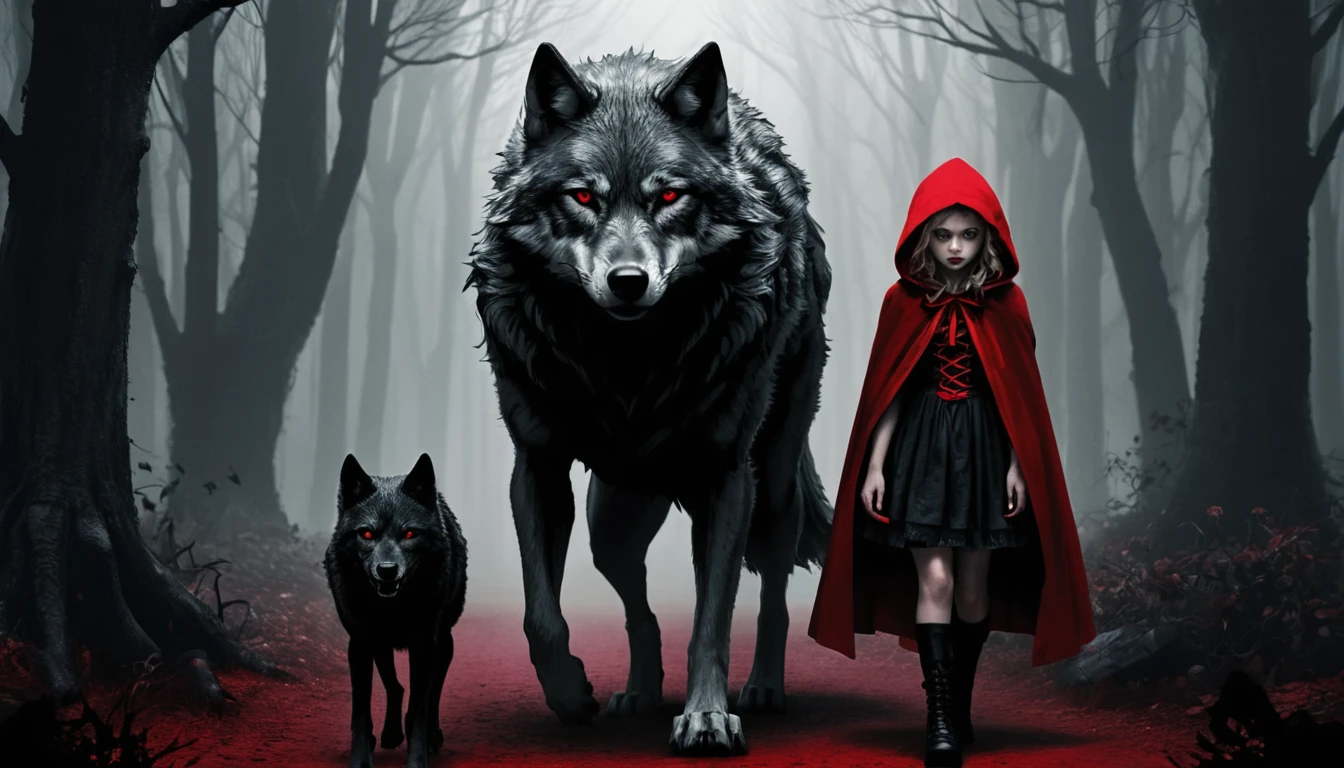 Defiant red cloaked girl walking from wounded wolf