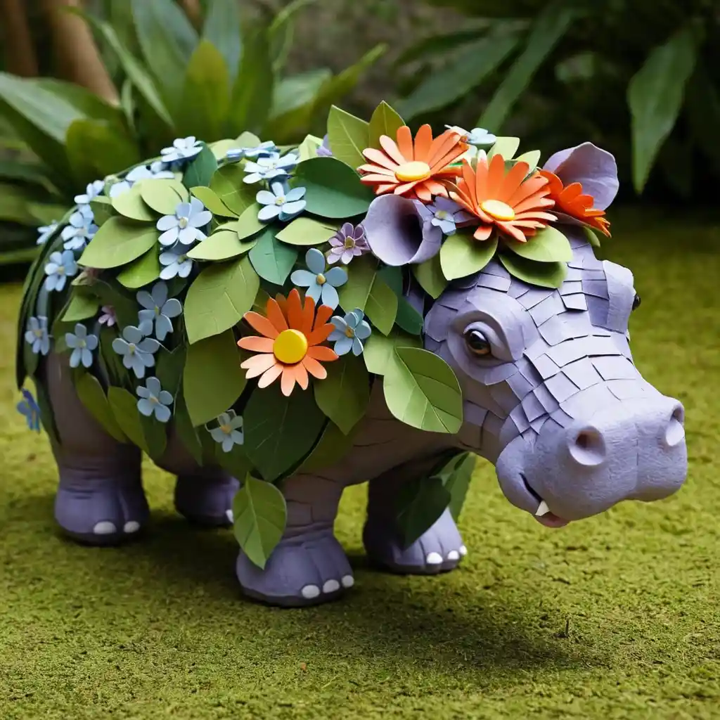 Floral hippopotamus with baby standing in leafy water scene