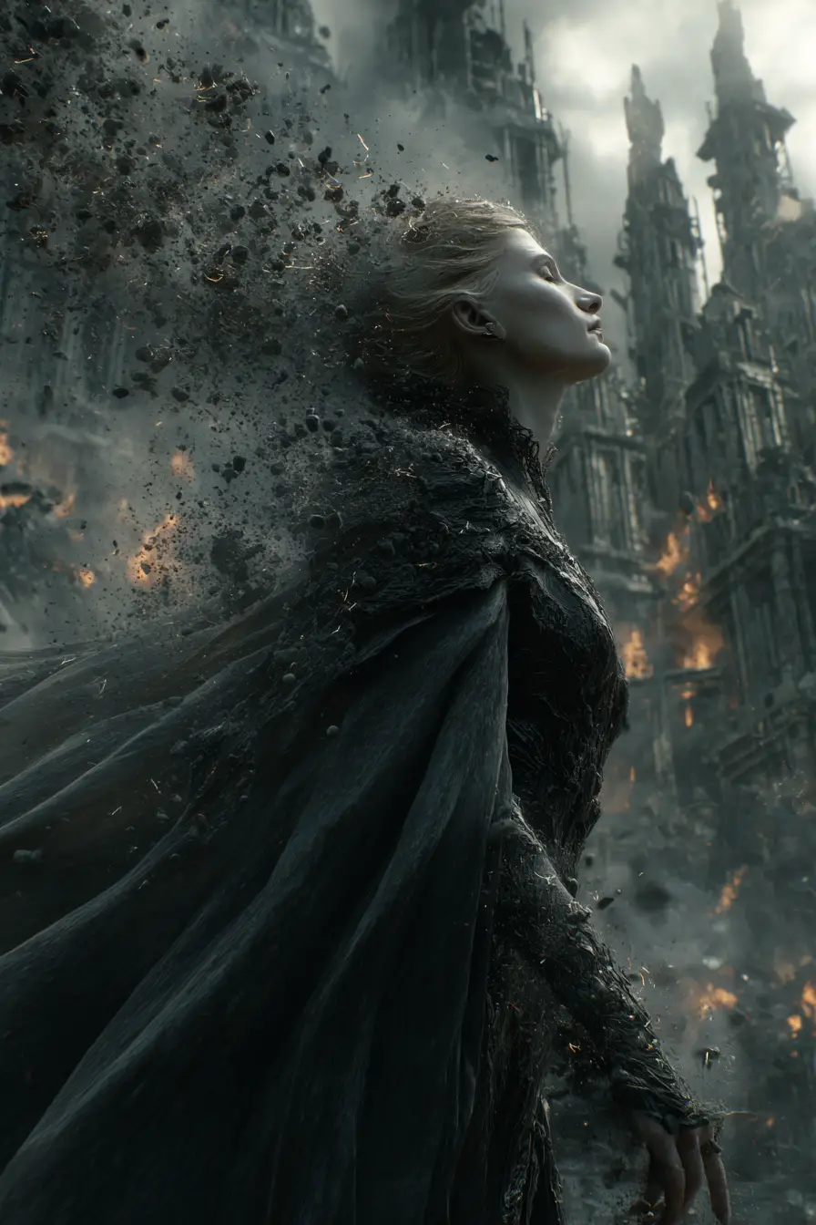 Dark sovereign woman rising from swirling bone ash vortex