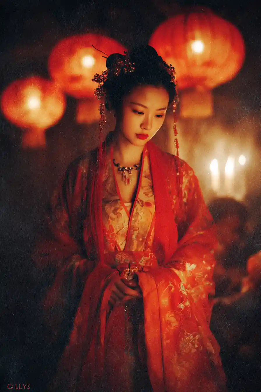 Traditional Chinese wedding with red robes and lantern glow