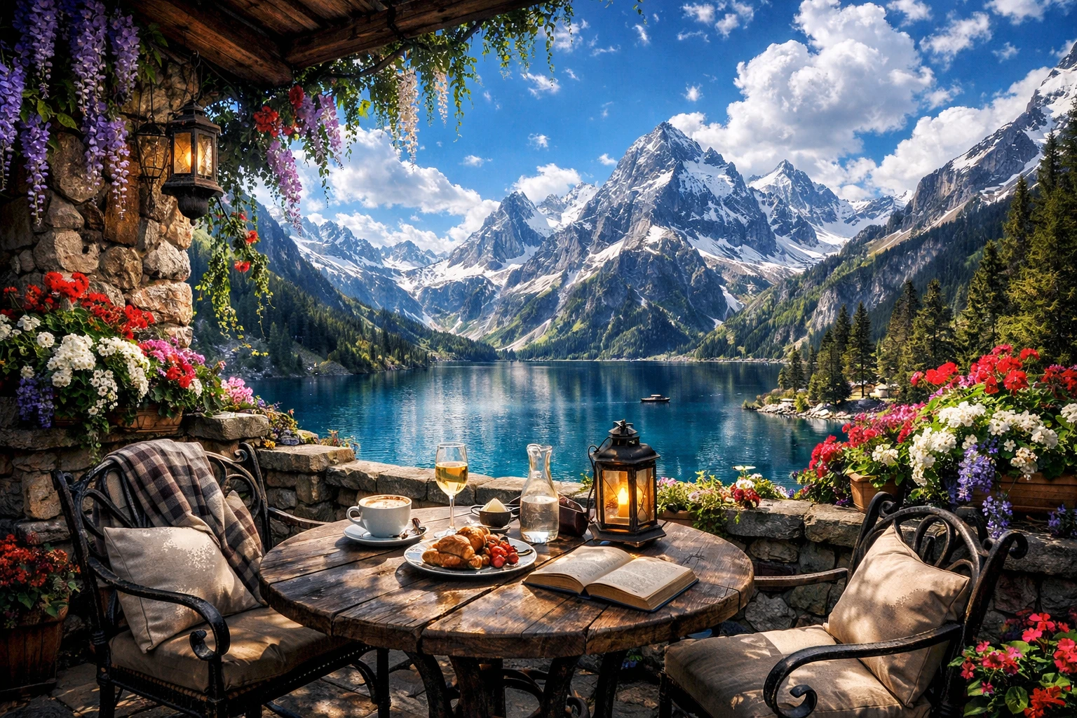 Accogliente terrazza di un caffè in montagna sopra un lago alpino blu cristallino