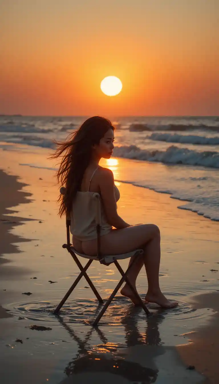 Silhouetted woman on beach at sunset with glowing wet sand