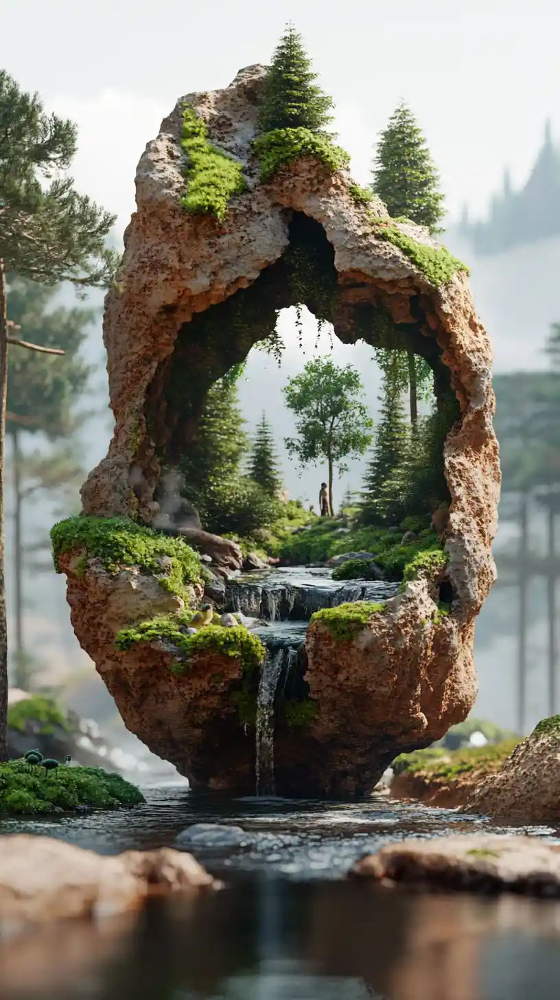 Rocha desértica surreal revelando floresta e riacho escondidos