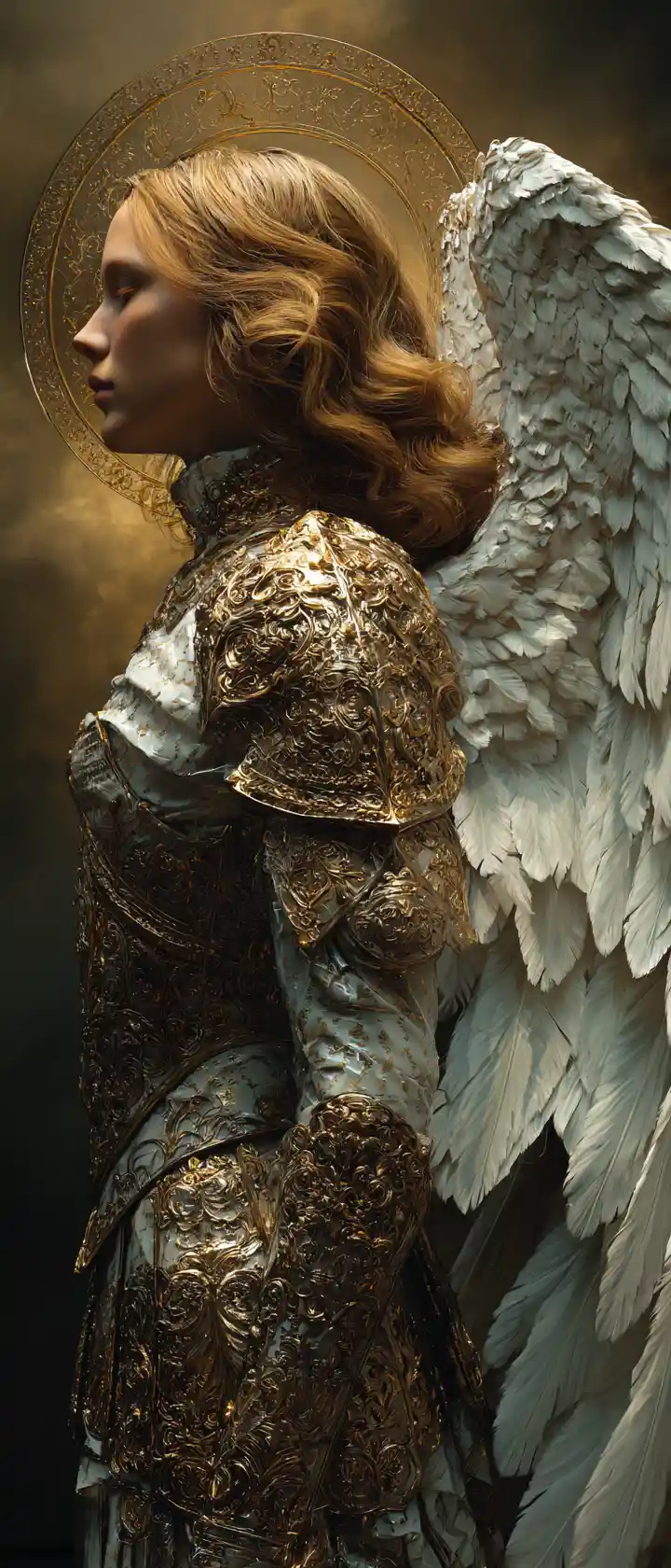 Dramatic angelic woman in baroque golden armor portrait