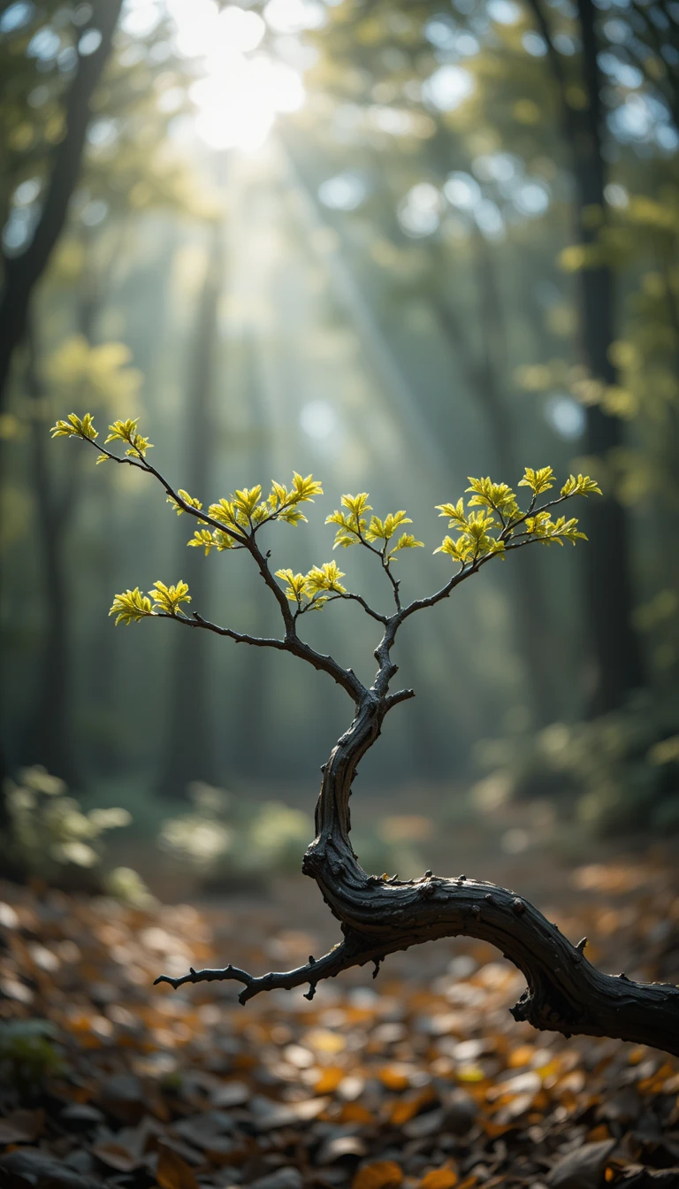 Close up of a twisted tree branch lit in a forest