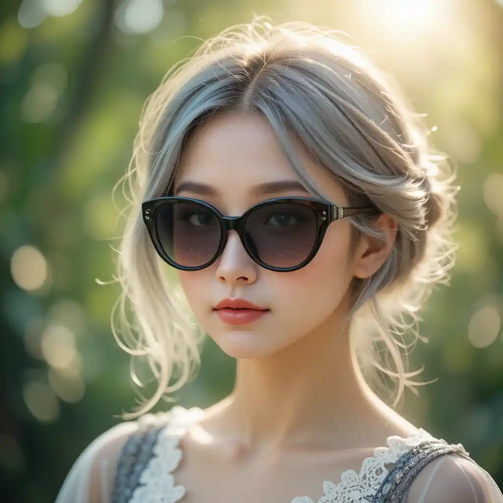 Dreamy portrait of a young woman with glitter and sunglasses