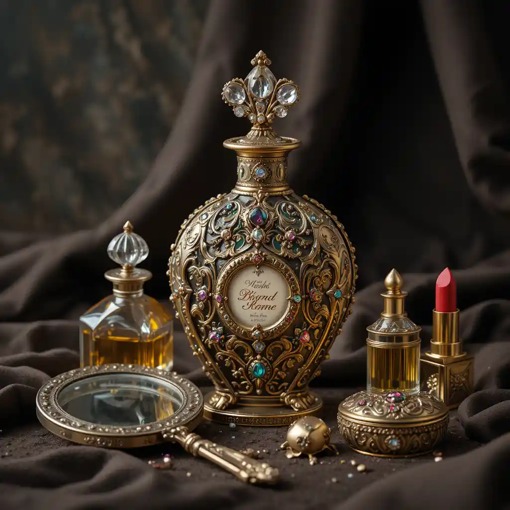 Vintage perfume bottle with elegant beauty accessories