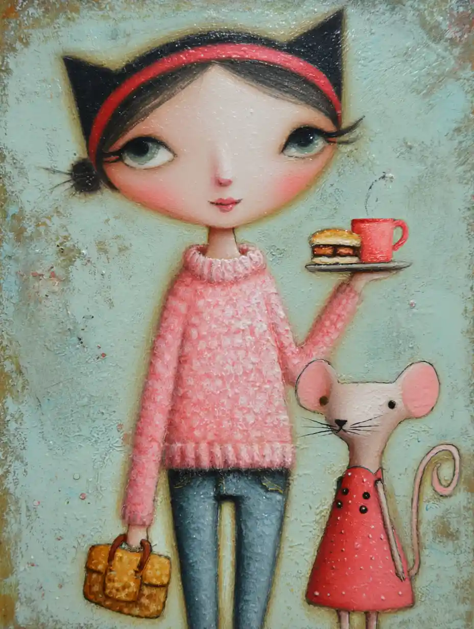 Whimsical pirate cat lady breakfast with a mouse friend