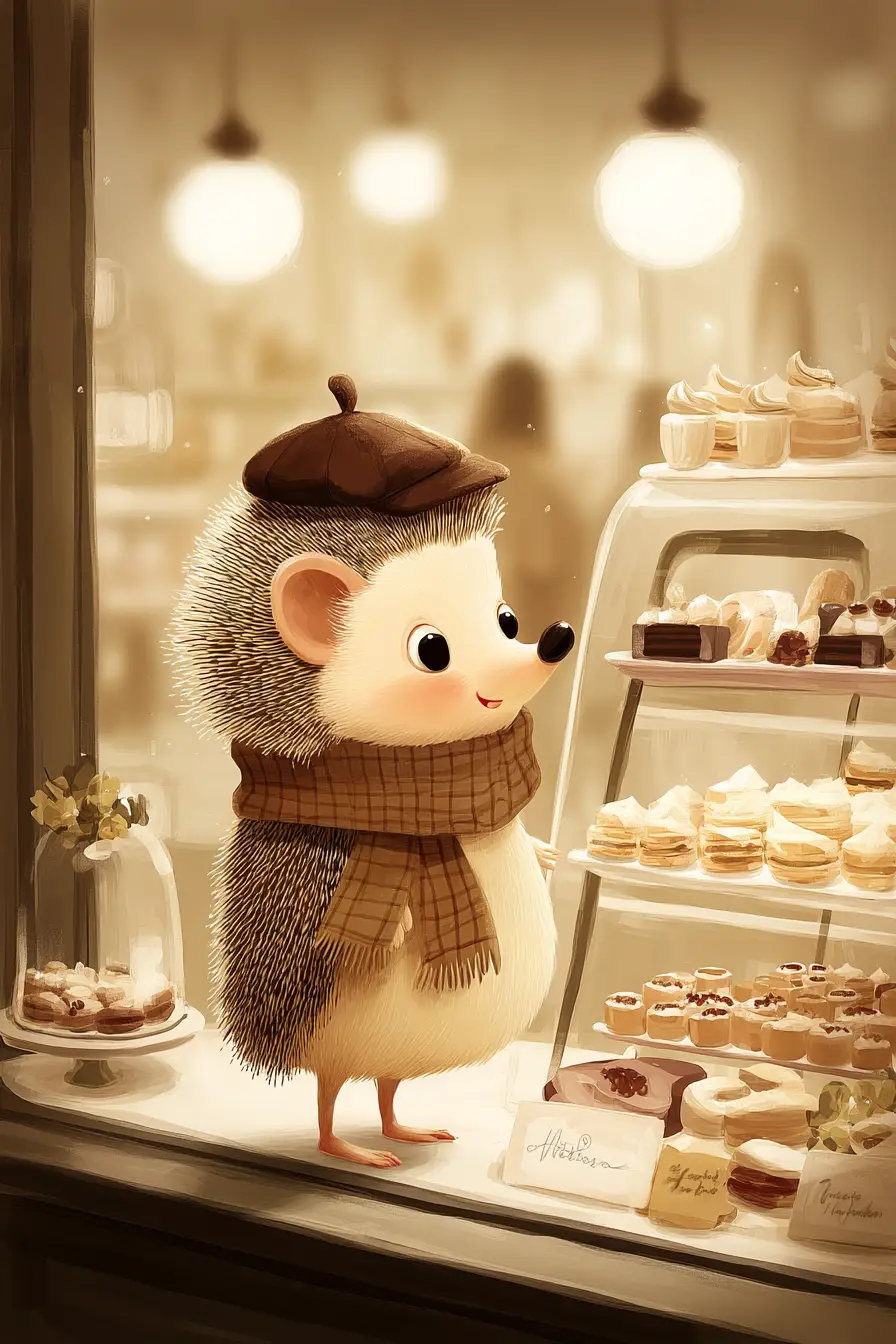 Cute Cartoon Hedgehog Standing In A Cozy Bakery