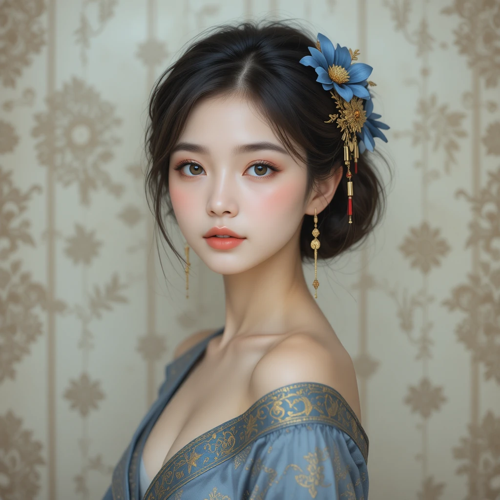柔和插畫中的優雅花飾年輕女子