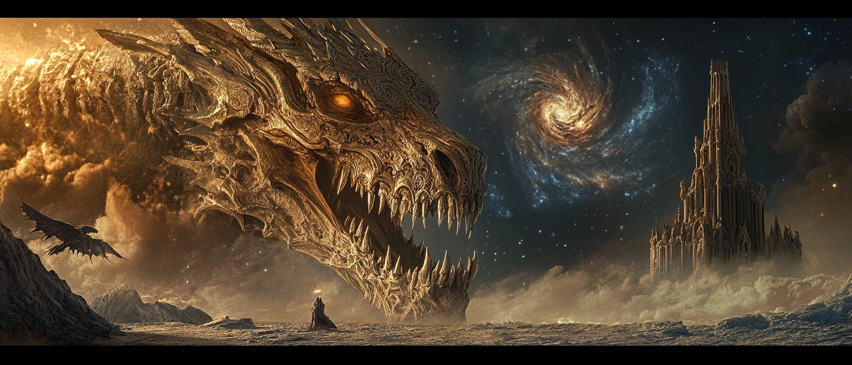 Gigantesco teschio di drago fuso con architettura cosmica gotica