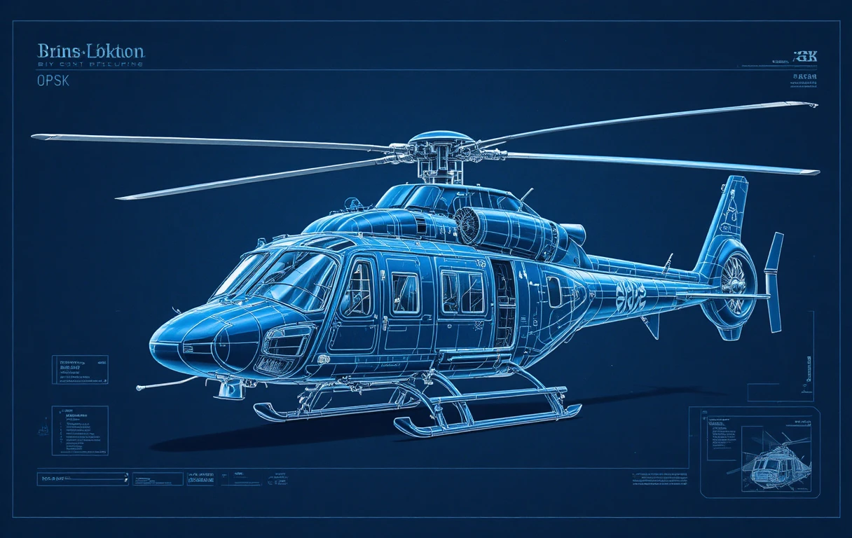 Illustrazione in stile blueprint di un elicottero dettagliato