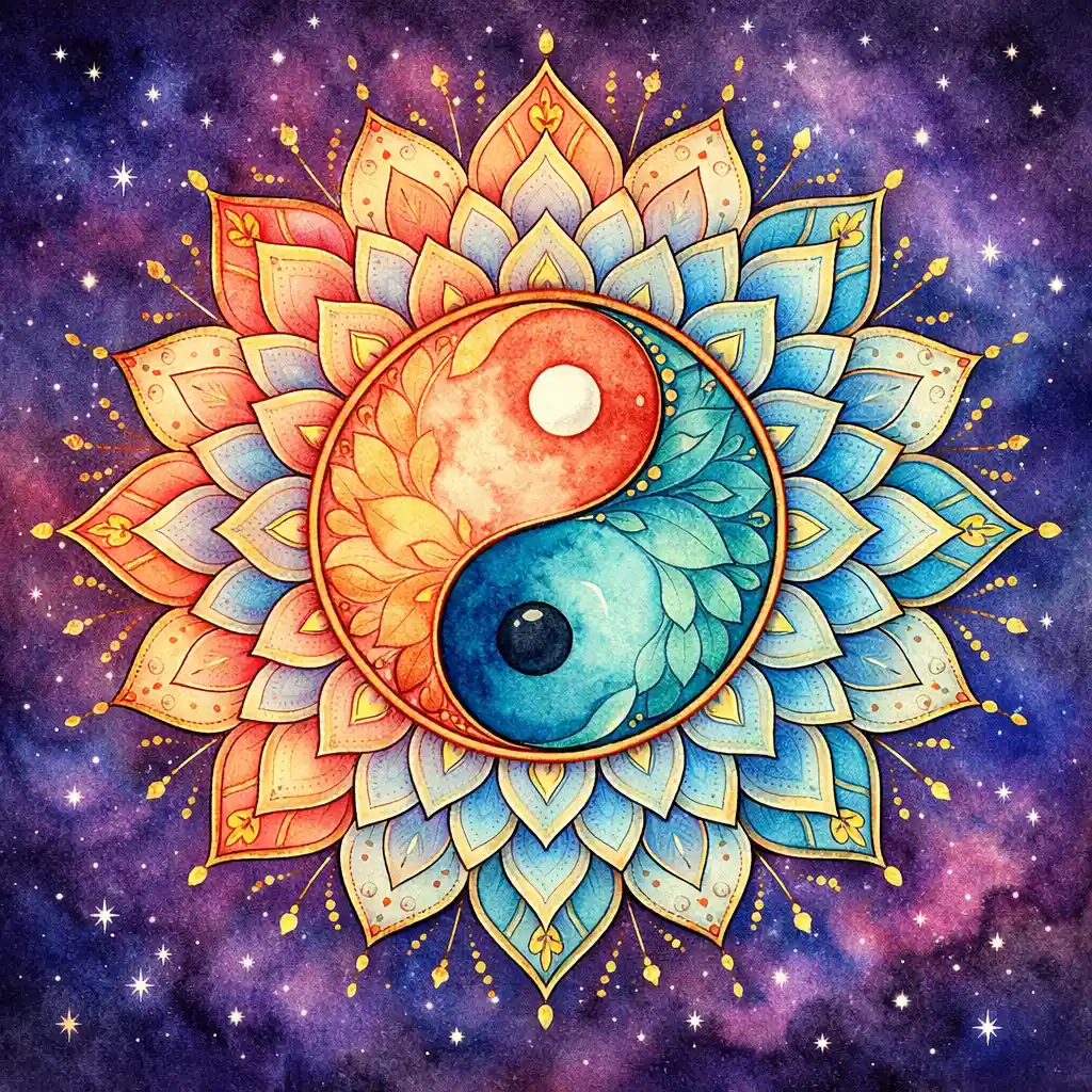 Aquarell-Yin-und-Yang-Mandala mit Lotusblütenblättern und Sternen