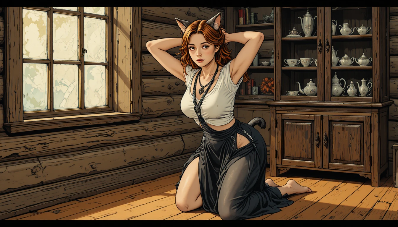 Vintage comic style woman with cat ears in wooden room