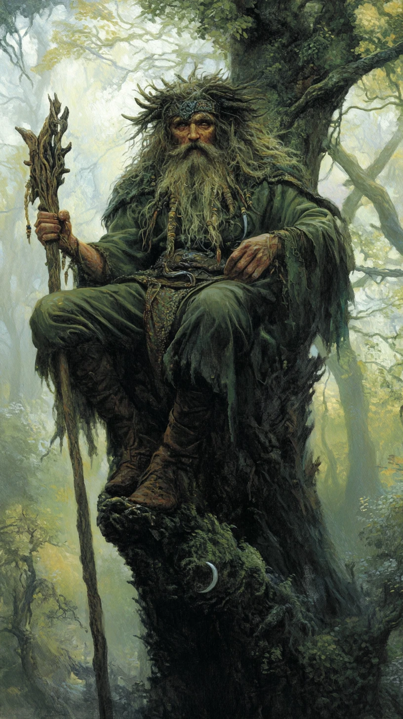 Forest deity seated on a gnarled tree watching the woods