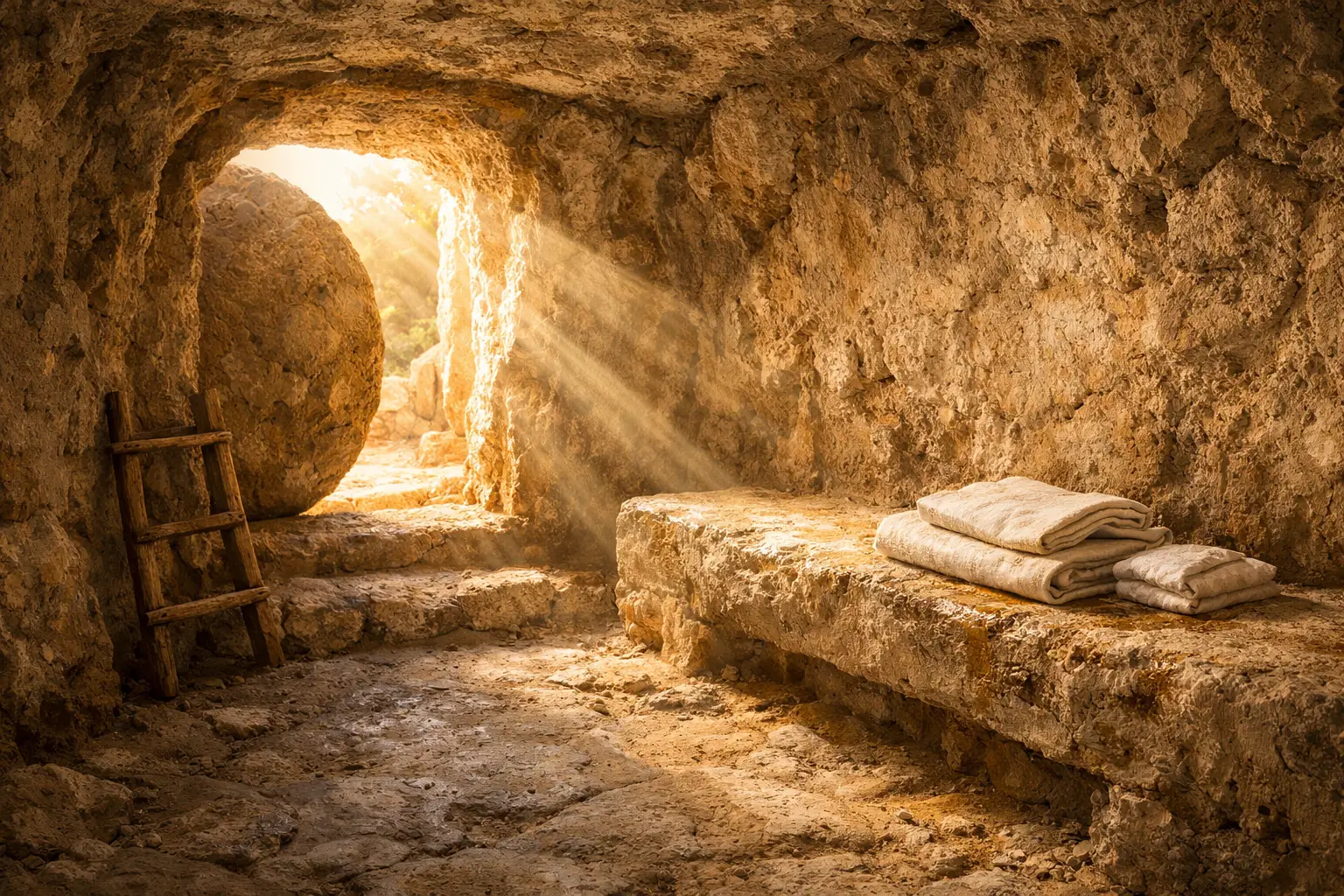 Interior de tumba de piedra vacía con luz de la mañana entrando