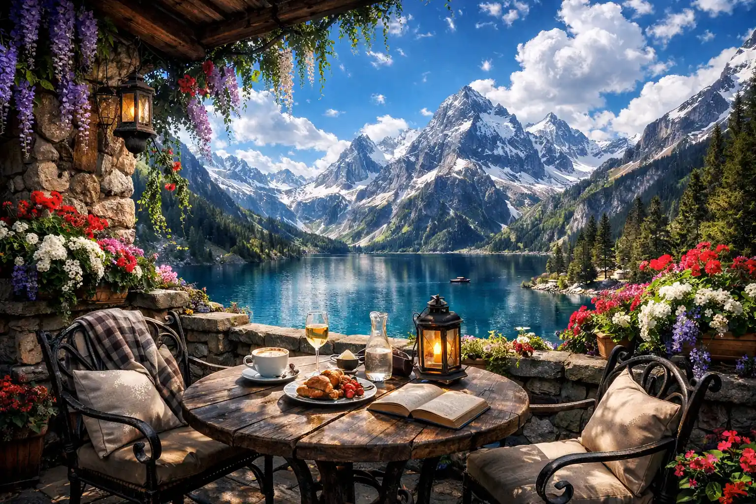 Cozy mountain cafe terrace above a crystal blue alpine lake