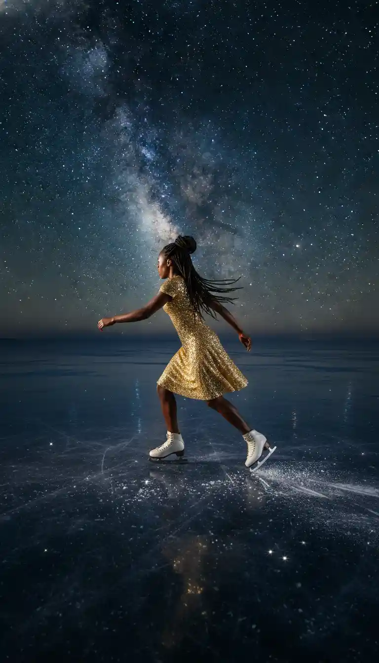 Patinadora artística negra deslizándose sola sobre un vasto lago congelado