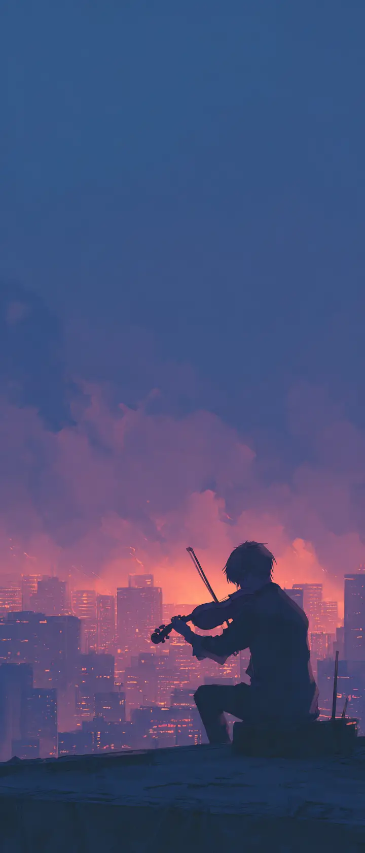 Lonely violinist playing on a city rooftop at dusk