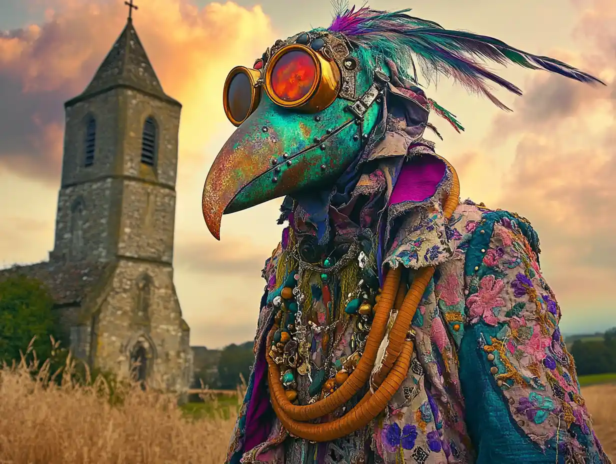Woman in plague doctor mask before leaning stone church tower