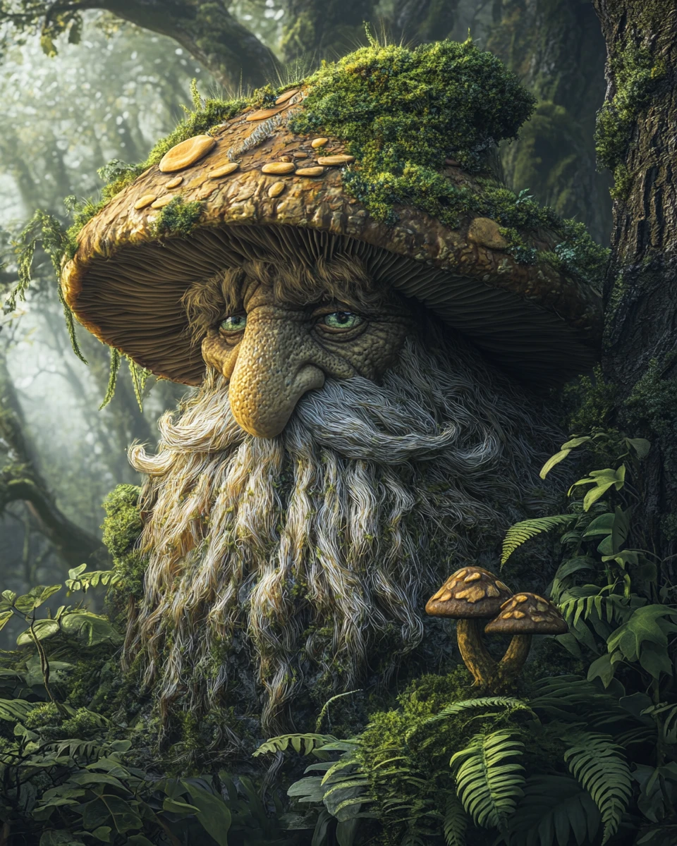 Ancient Mushroom Guardian In A Dreamlike Forest