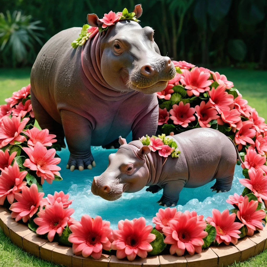 Hippo And Floral Baby Hippo Splashing In Watermelon Pool