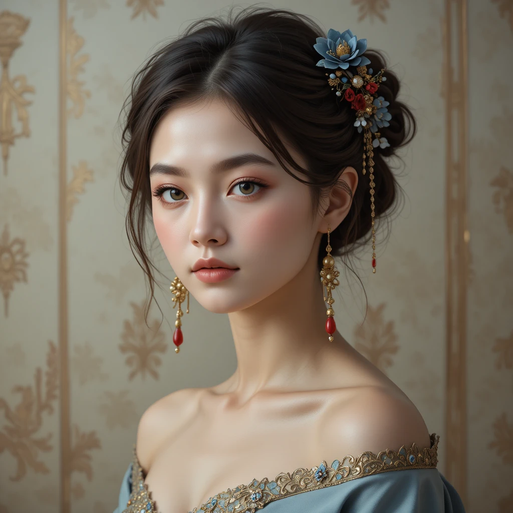 Elegant young woman with floral hairpiece portrait