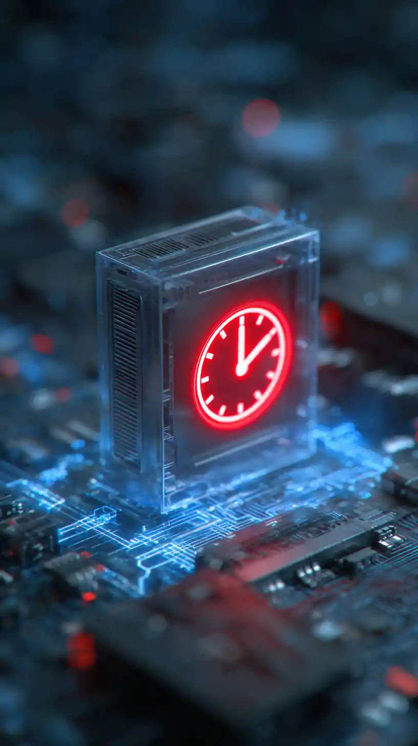 Network router with red alarm icon and ticking clock display