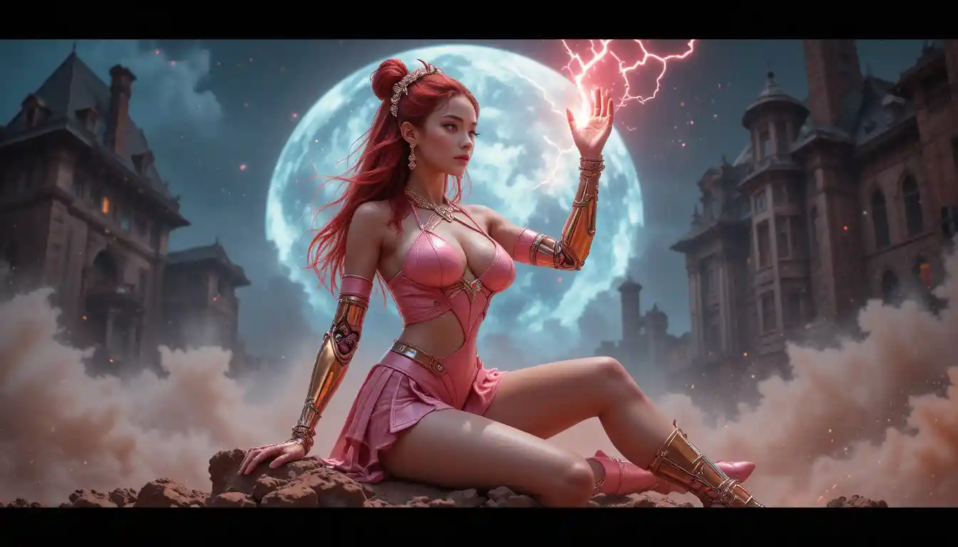 Princesse cyborg en rose assise sur une tombe