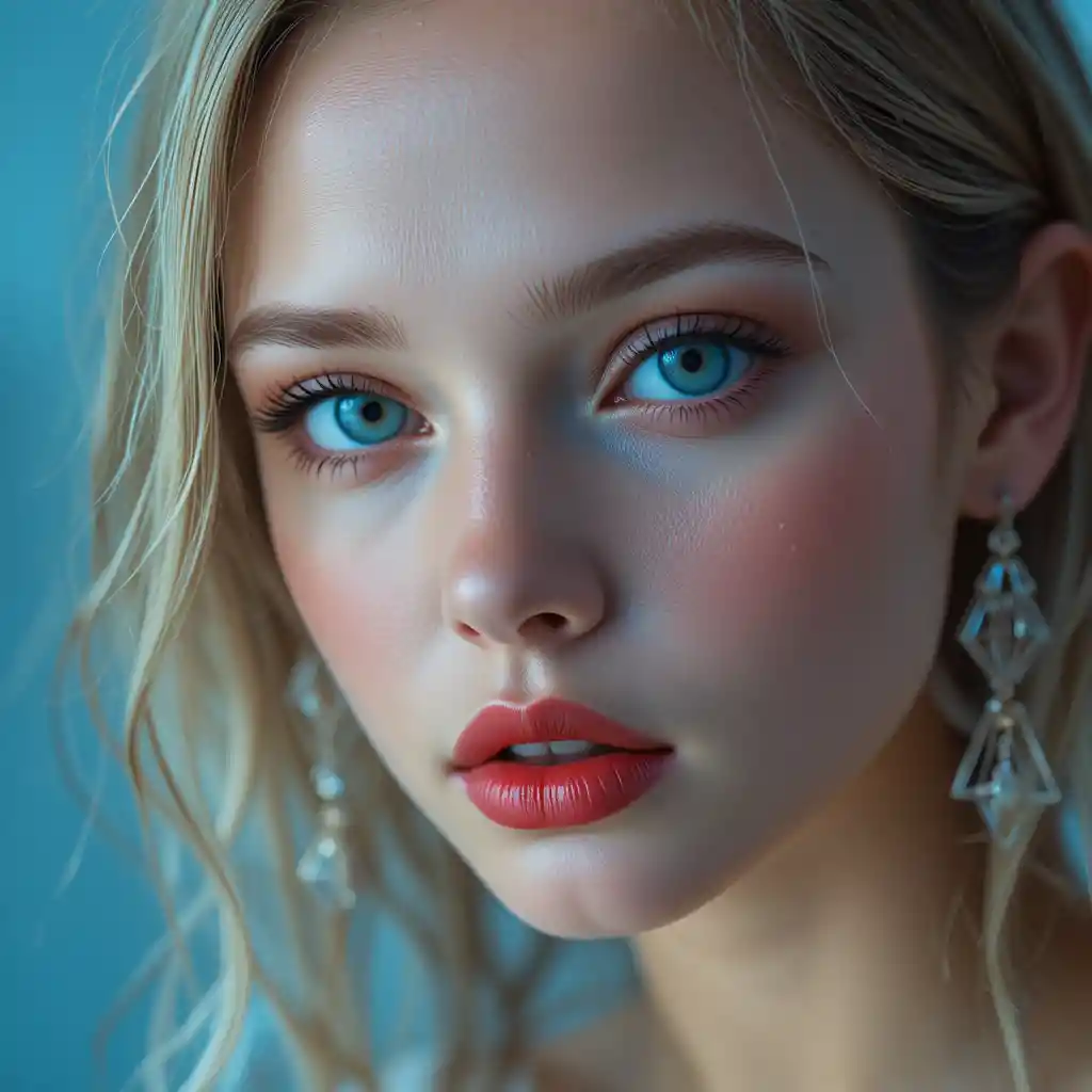 Romantic close up portrait of a blonde blue eyed girl