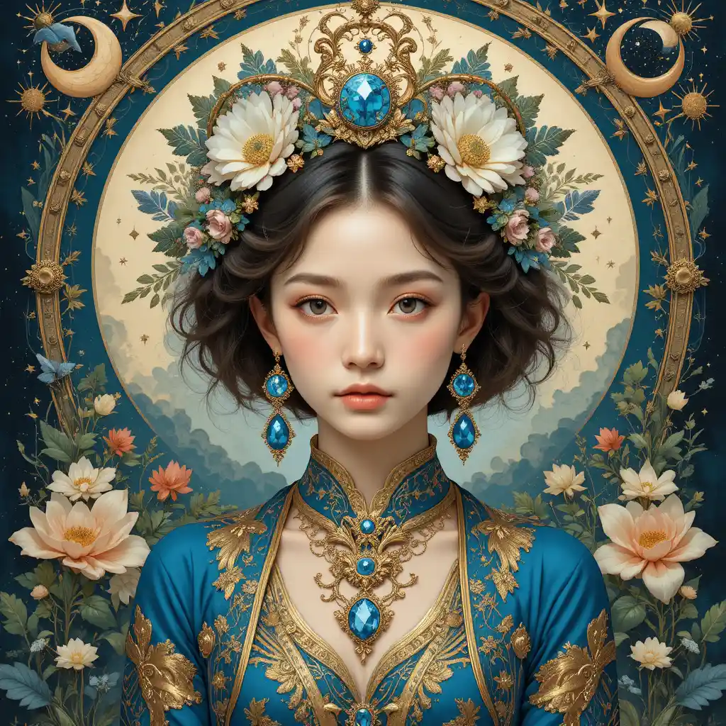 Young figure in ornate blue robe with celestial crown