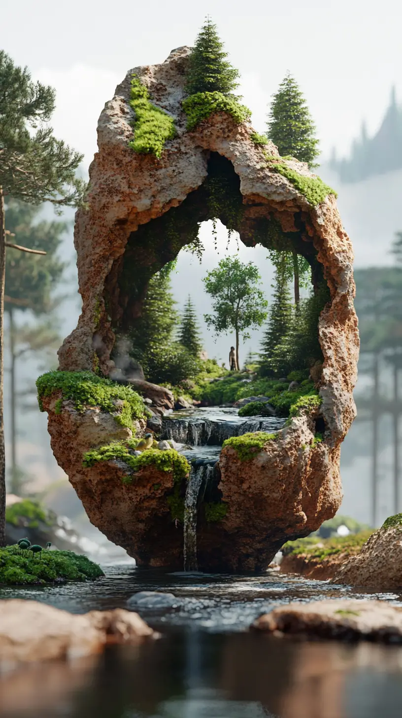 Surreal desert rock revealing hidden forest and stream