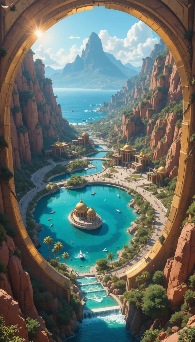 Città costiera utopica vista dall’alto attraverso un portale dorato