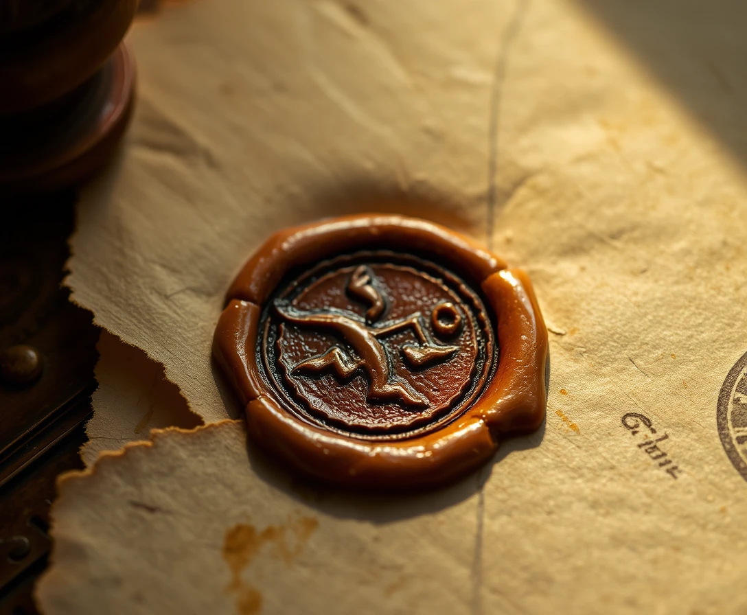 Wax seal impression on antique desk in raking light