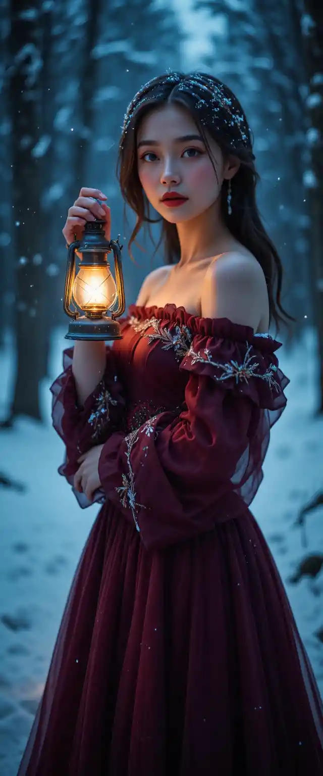 Mujer con linterna en un bosque nevado al atardecer
