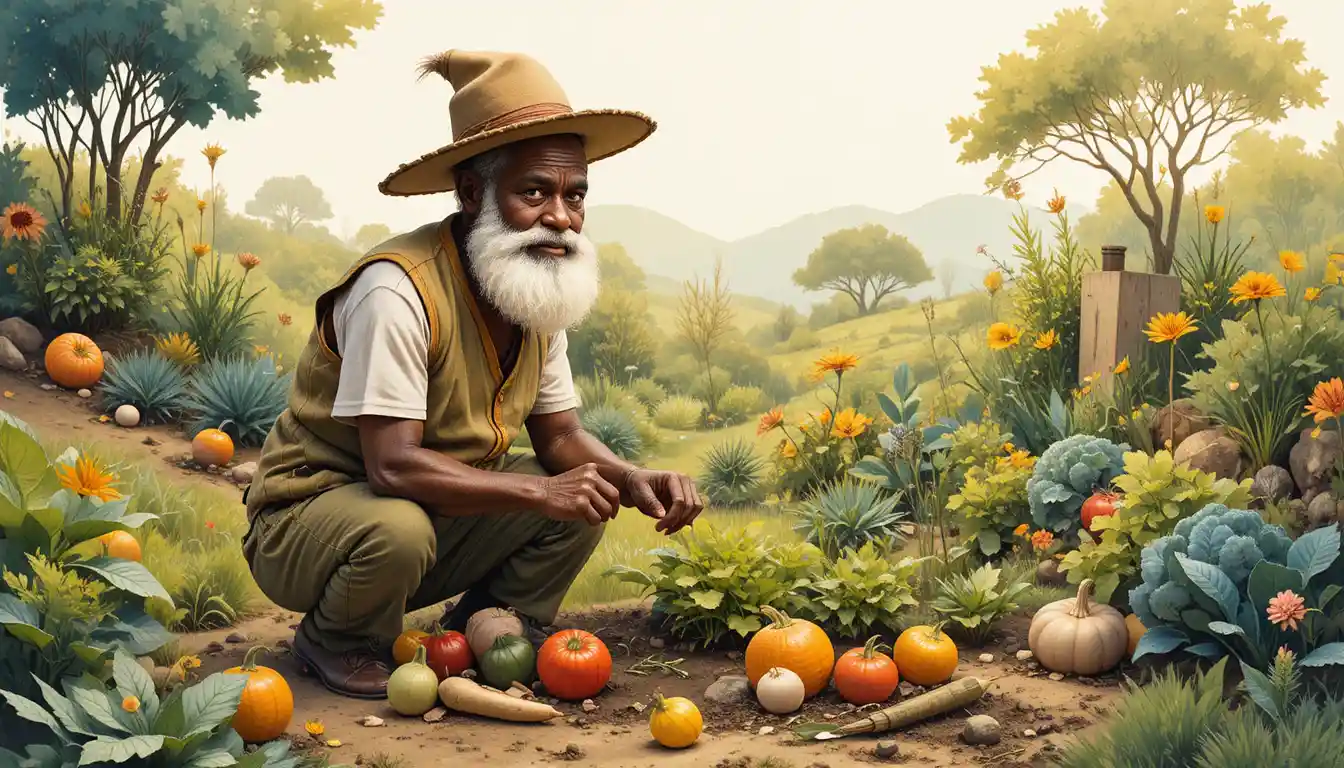 Elderly man gardening in a cozy watercolor African savanna