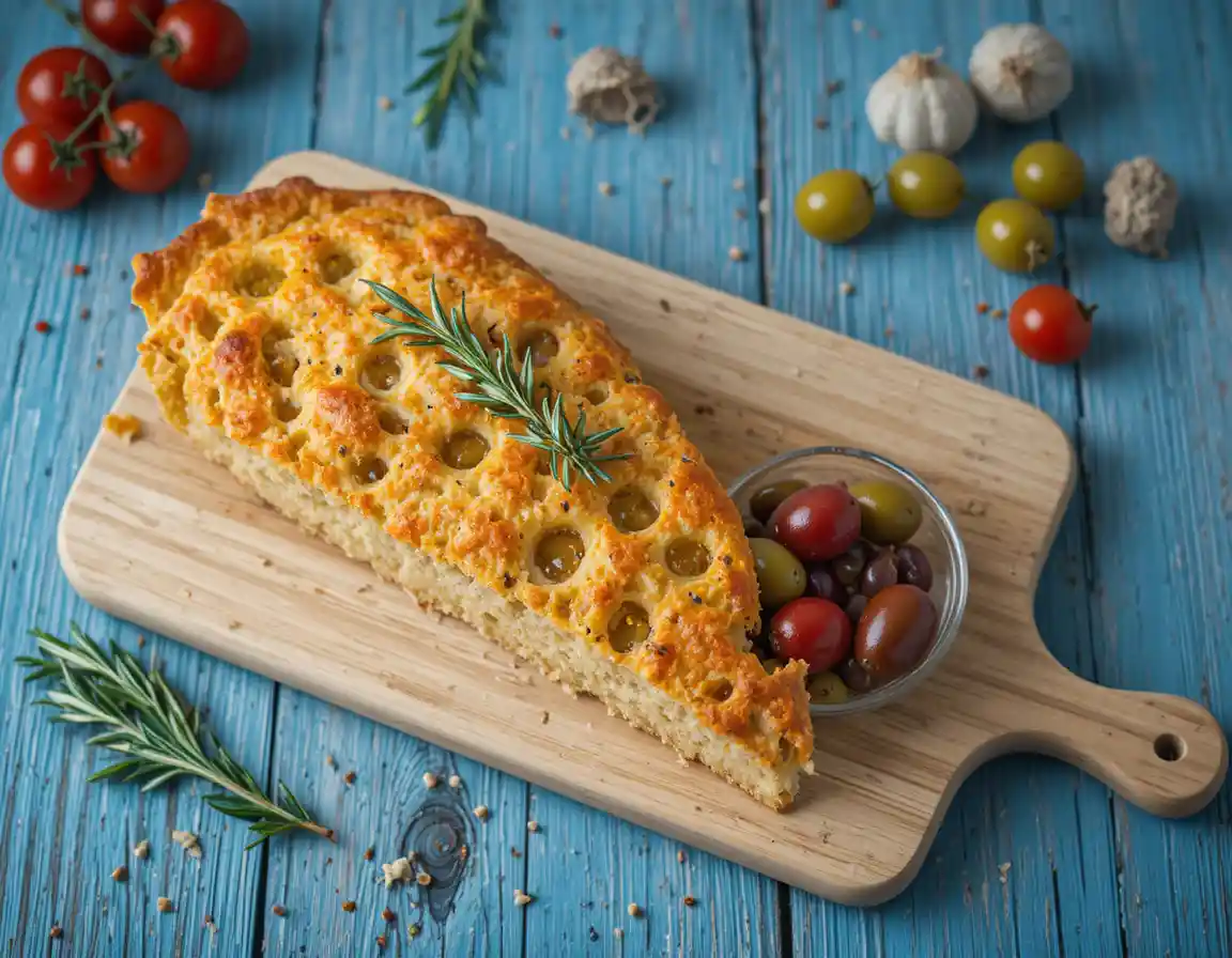 Pan focaccia italiano con aceitunas sobre madera rústica