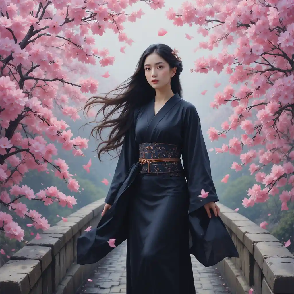 Mulher japonesa serena em ponte de pedra com flores de cerejeira