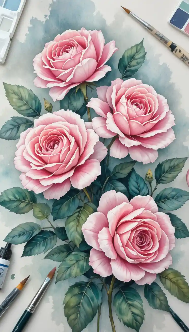 Detailed watercolor roses with artist tools on table