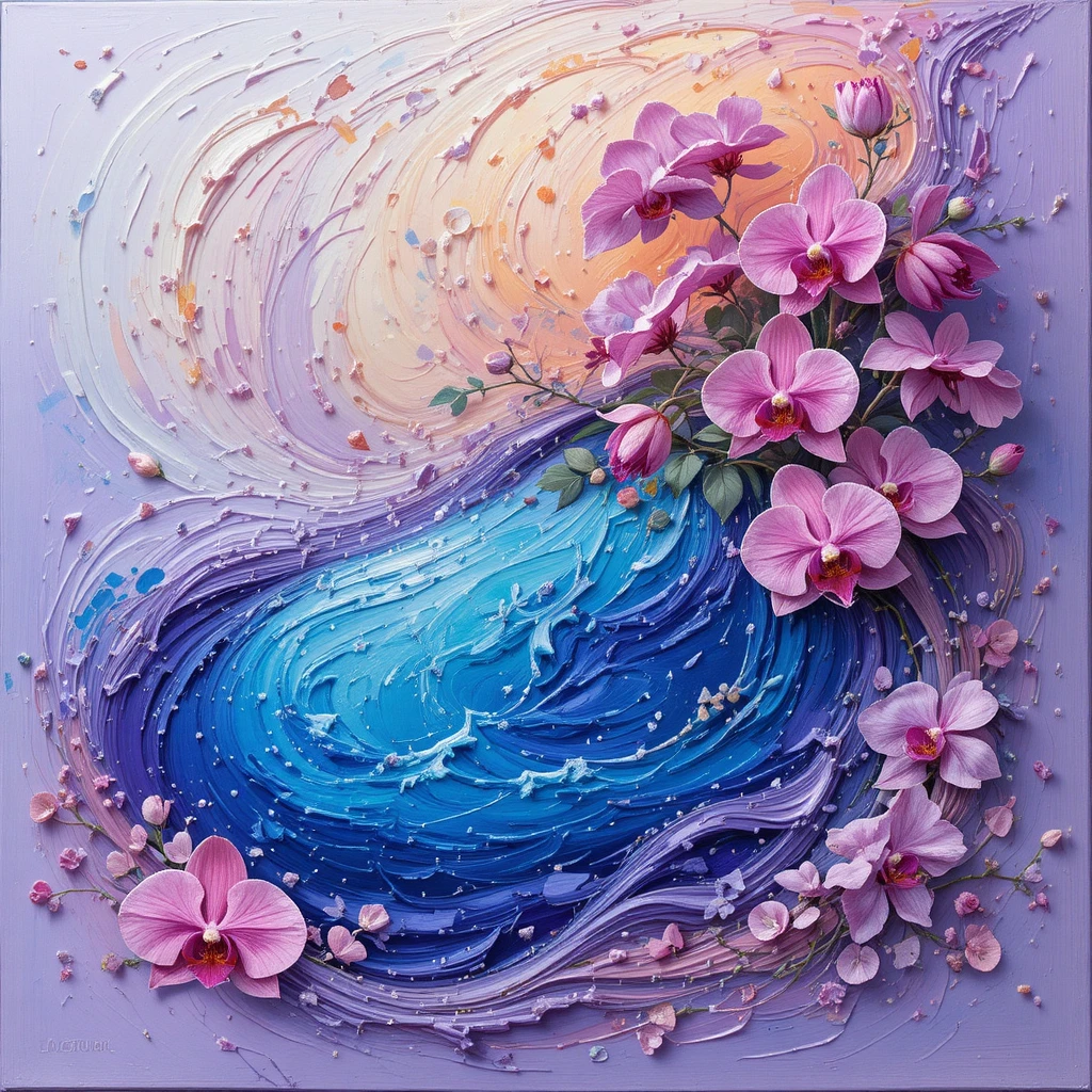 Peinture au pastel en impasto d’un lagon bleu avec des orchidées