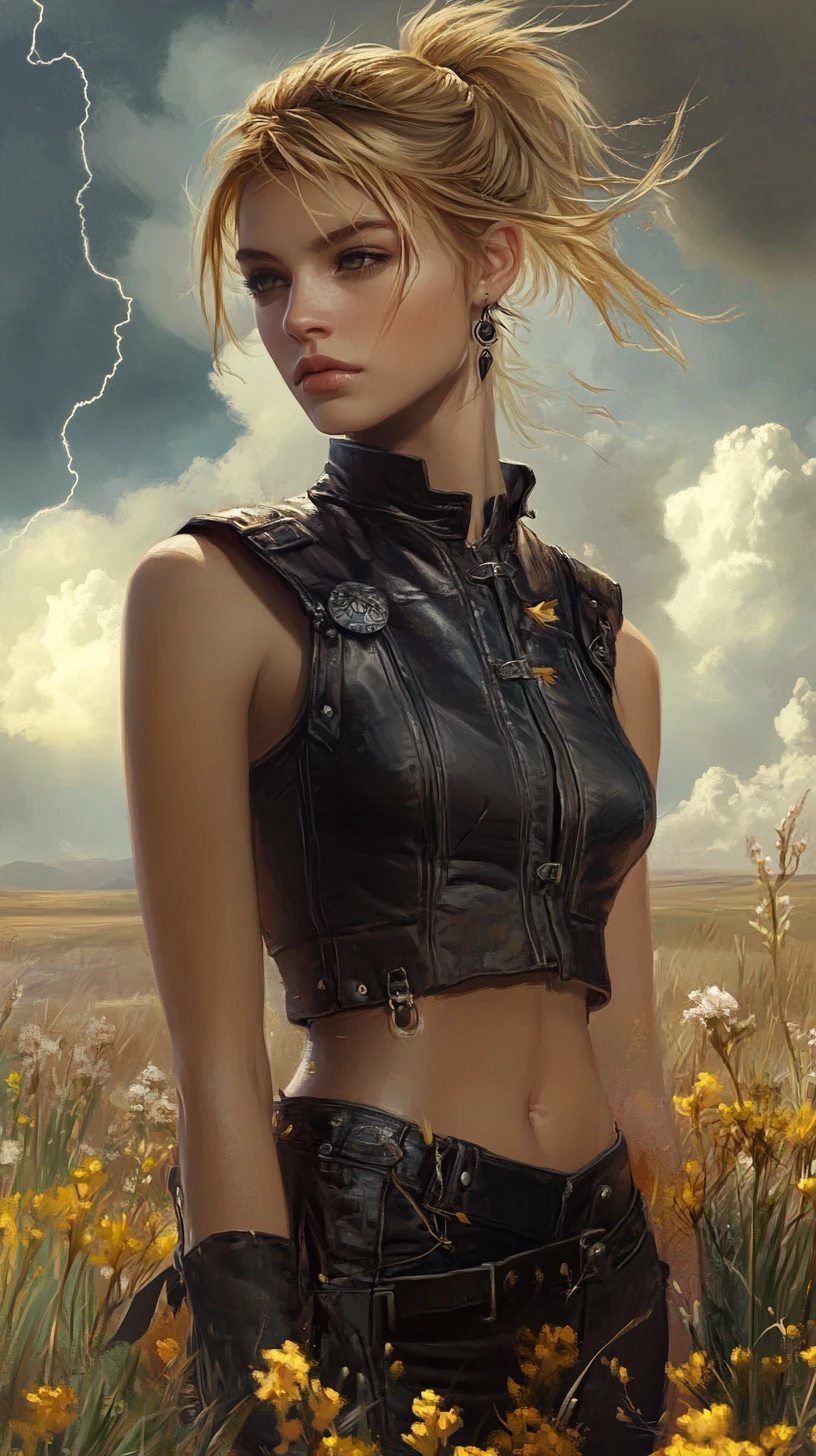 Fantasy portrait of a blonde girl on a stormy prairie